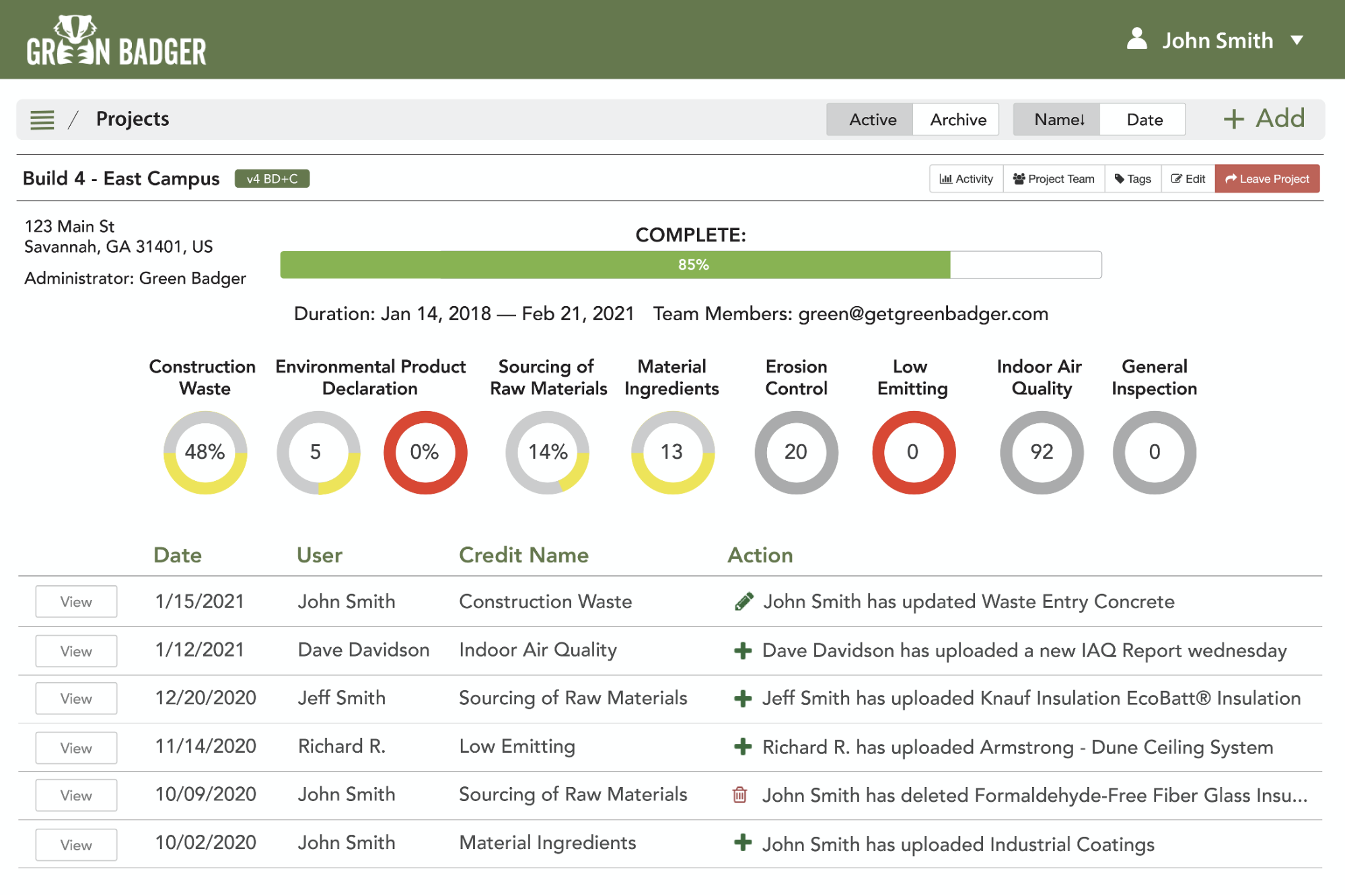 green badger project leed dashboard for general contractors