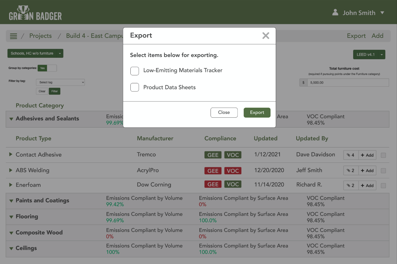 green badger low emitting materials tracker for general contractors