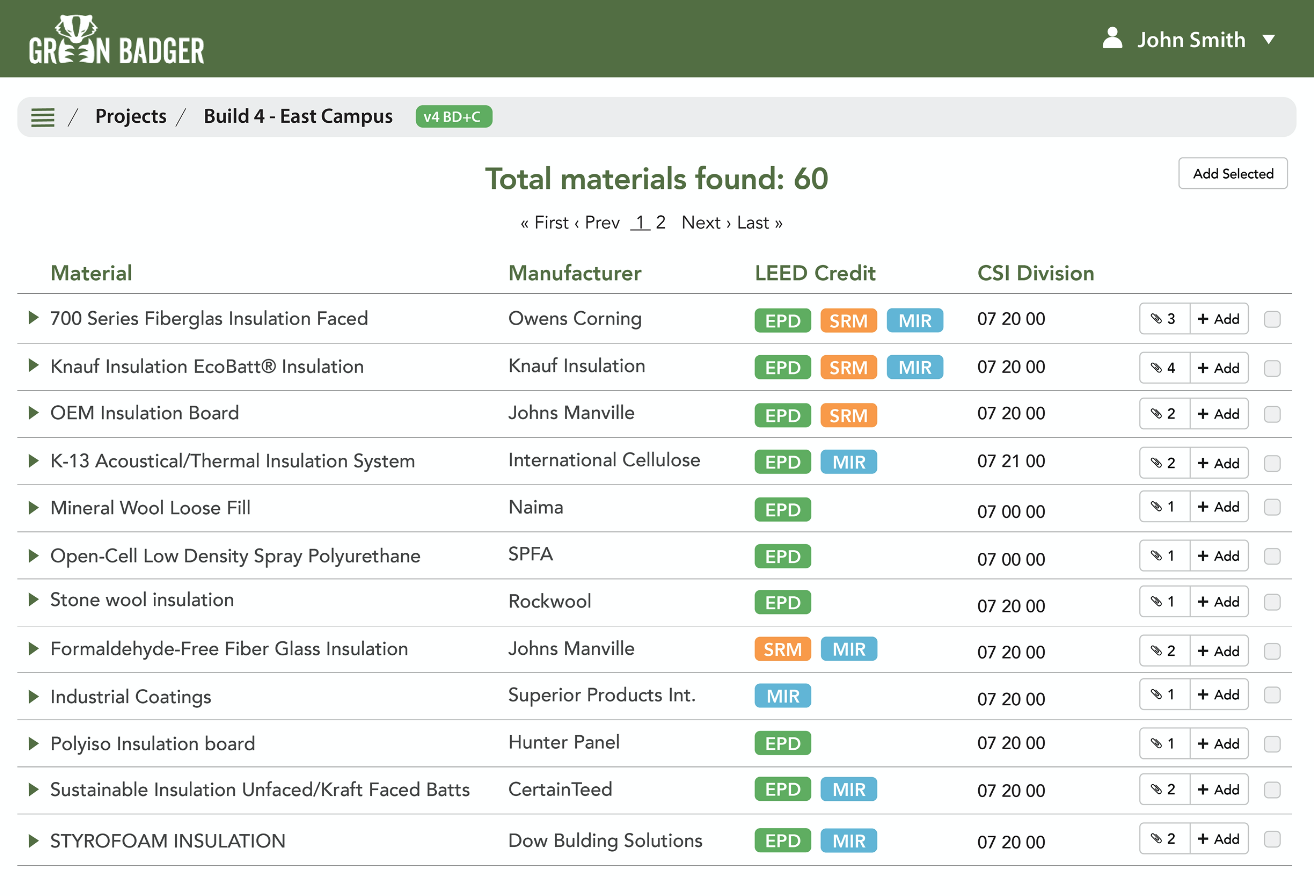 Green Badger materials database for general contractors