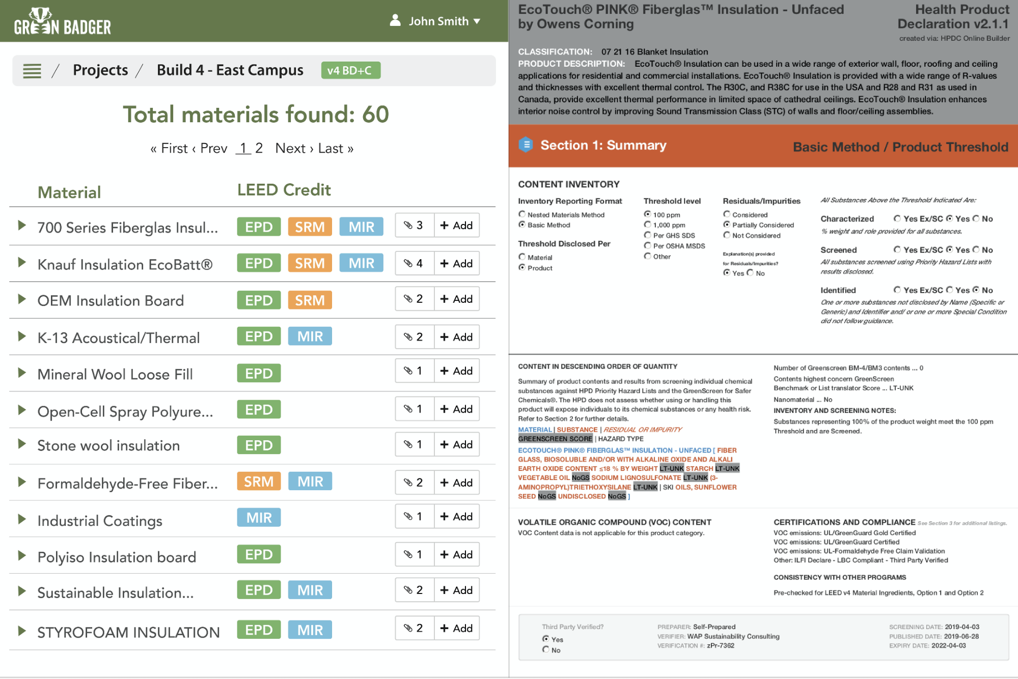 Validate green LEED material information with Green Badger software