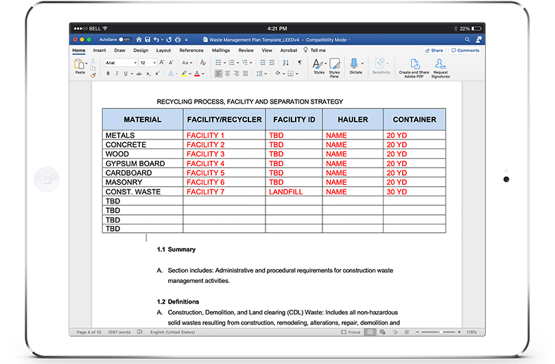 LEED Construction waste management plan for LeeD v4 projects with Green Badger