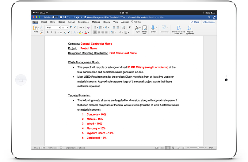 construction waste management plan template from Green Badger