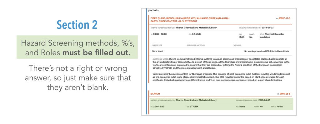 HPD LEED Hazard Screening methods, %s, and XXXX must be filled out.