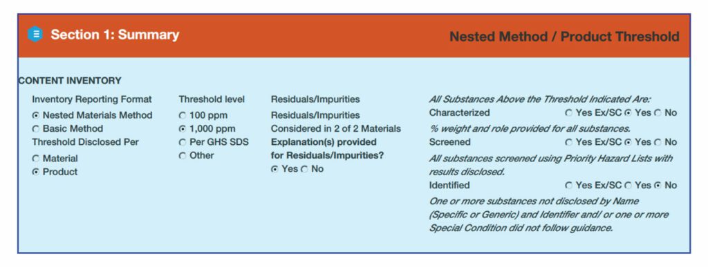 Health product declaration example section 1 summary