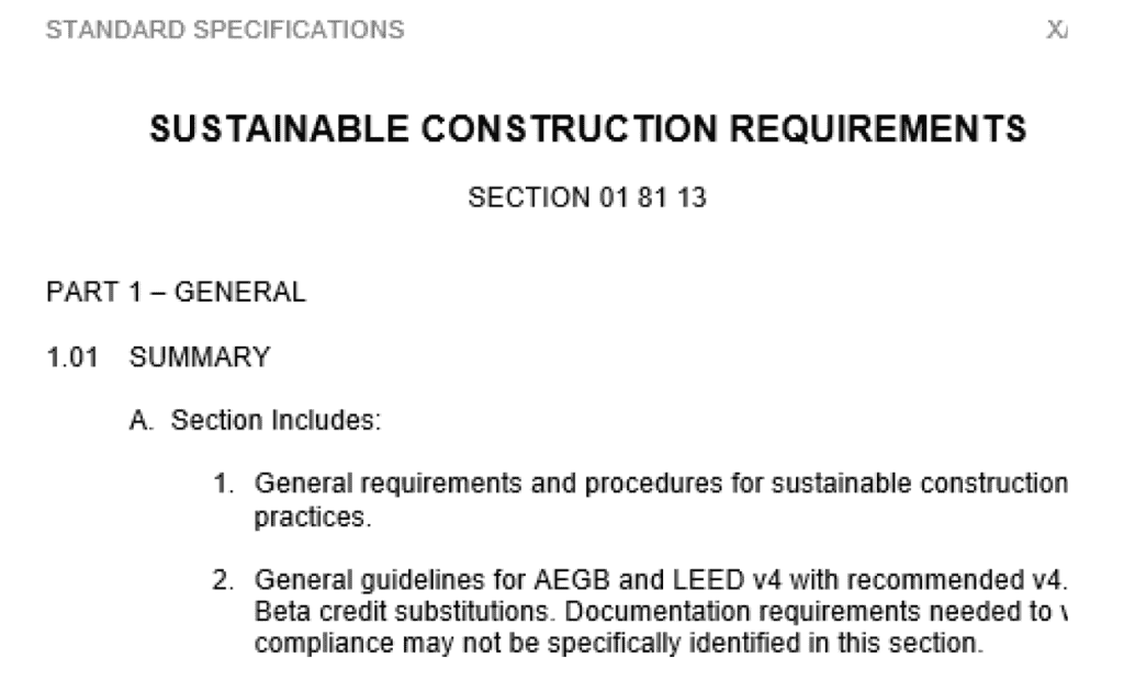 division 1 specifications for LEED construction