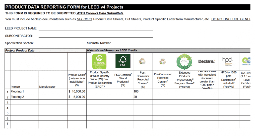 product data reporting form for leed v4 projects