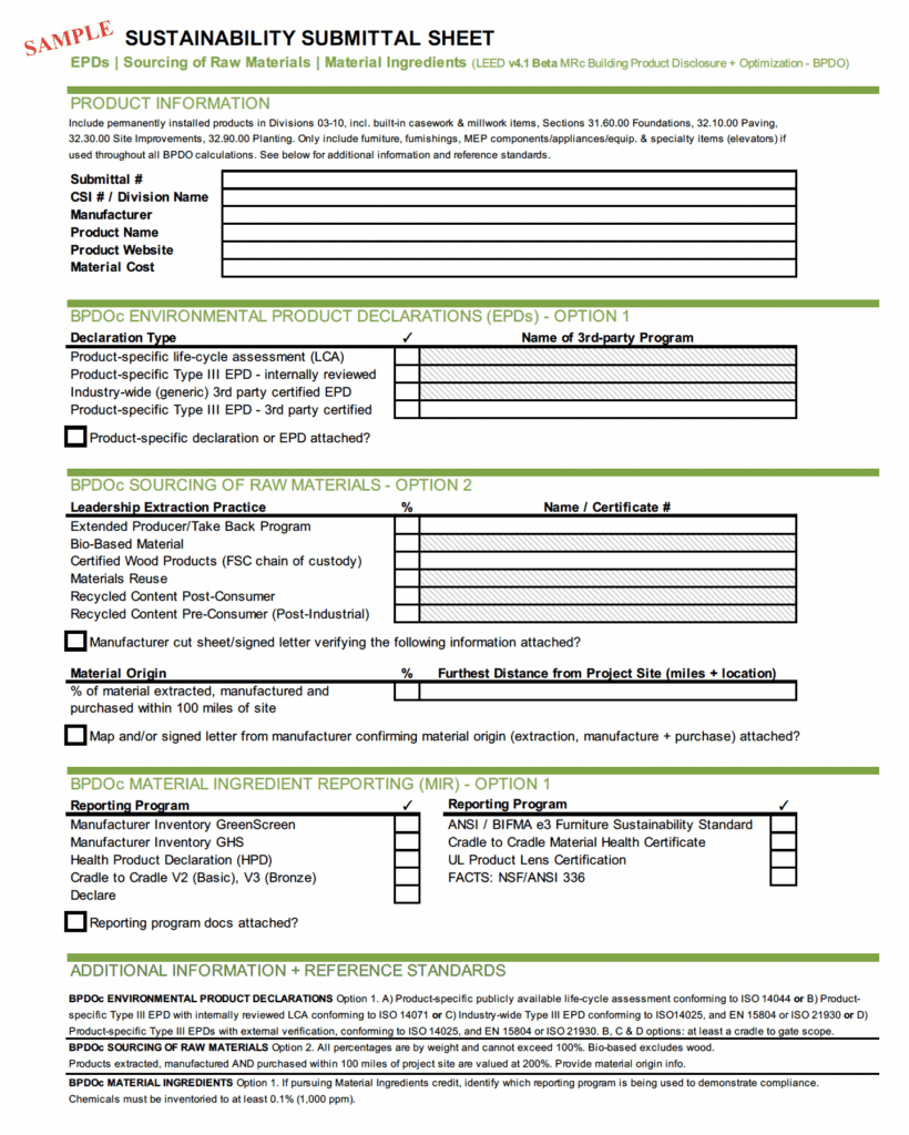 sustainable submittal sheet