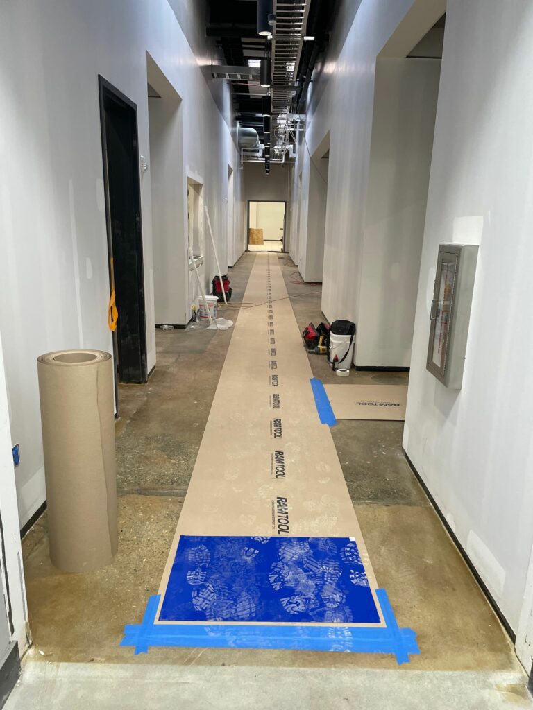 carbice blue sticky mats at  every entrance and ram board pathways to every room to minimize tracking pollutants. indoor air quality inspection example