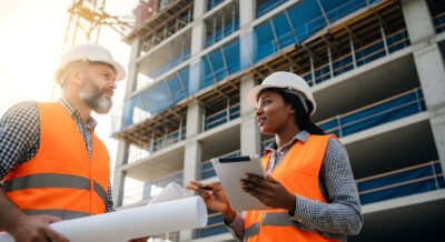 Woman engineer supervising construction of building with construction worker checking her tablet device