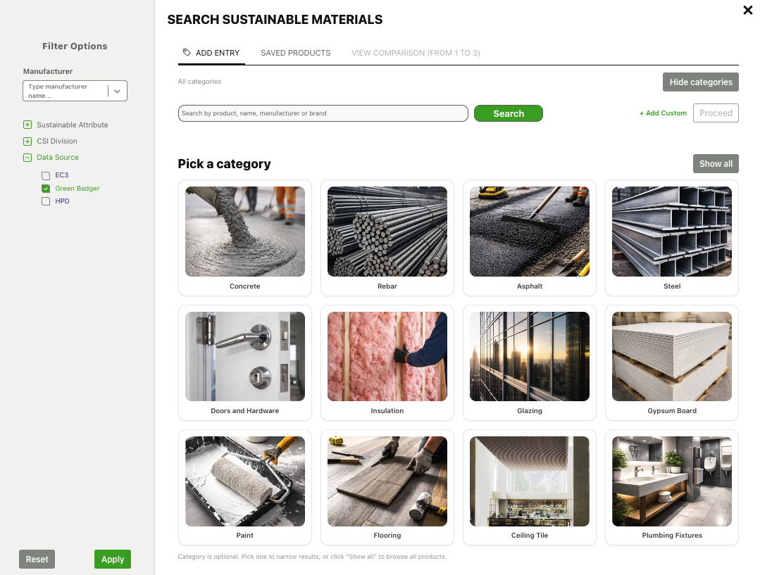 AIA product database in Green Badger