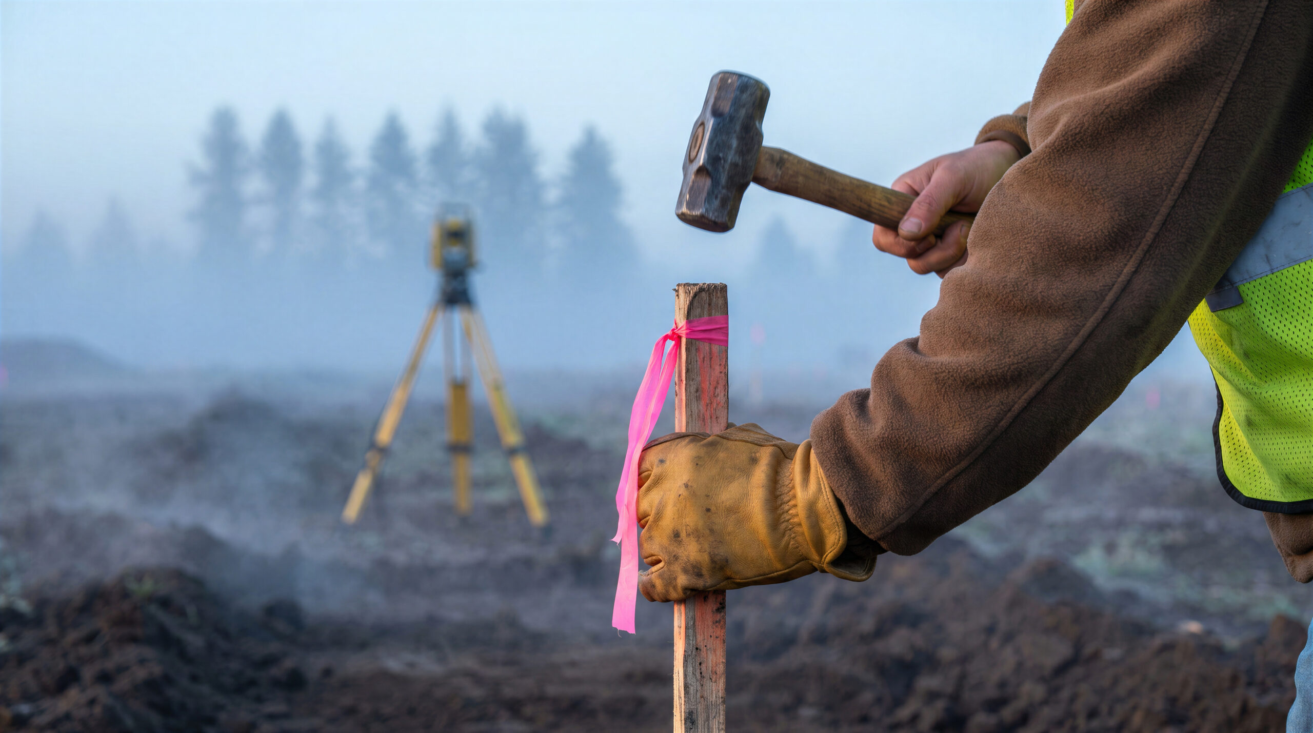 Land surveyor driving a wooden stake into the ground with a sledgehammer on a foggy construction site